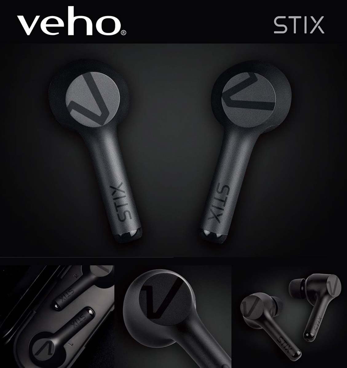 Veho VEP-114-STIX True Wireless Earphones schwarz, inkl. Charging Case