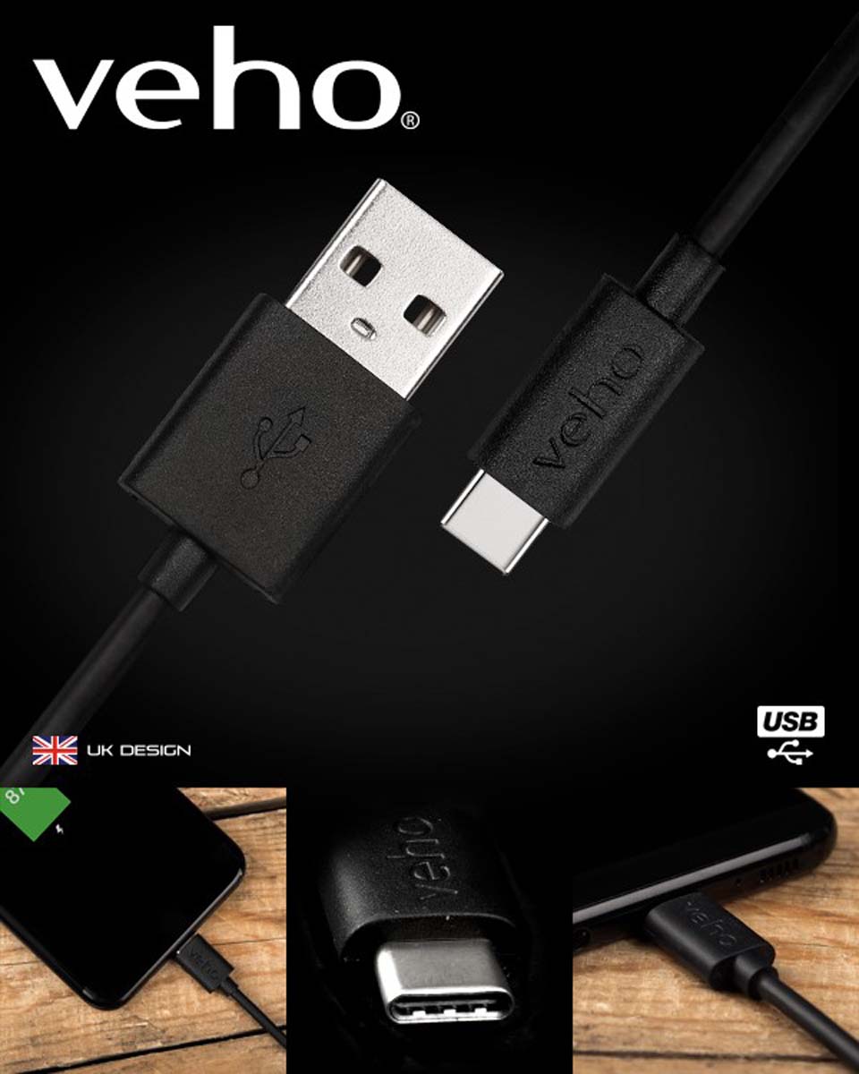 Veho VCL-002-C-20CM Ladekabel USB A zu USB C, 20cm, schwarz