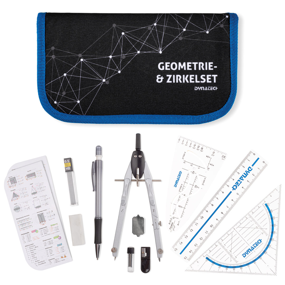 DynaTech Geometrie- und Zirkelset (13-teilig) Etui mit Reißverschluss in blau