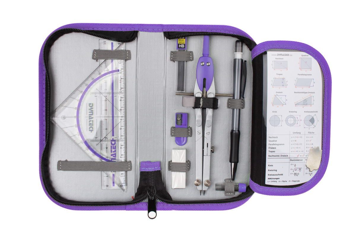 DynaTech Geometrie- und Zirkelset (13-teilig) Etui mit Reißverschluss in violett