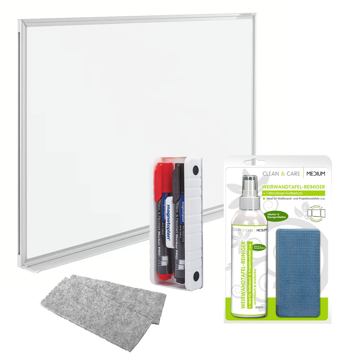 Whiteboard 150 x 100 cm inkl. Tafellöscher, Boardmarker und CLEAN & CARE Weißwandtafel-Reiniger Set