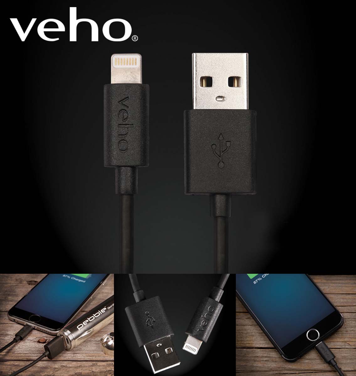 Veho VPP-501-1M Lightning zu USB Kabel, 1m, schwarz, Apple zertifiziertes Blitzkabel