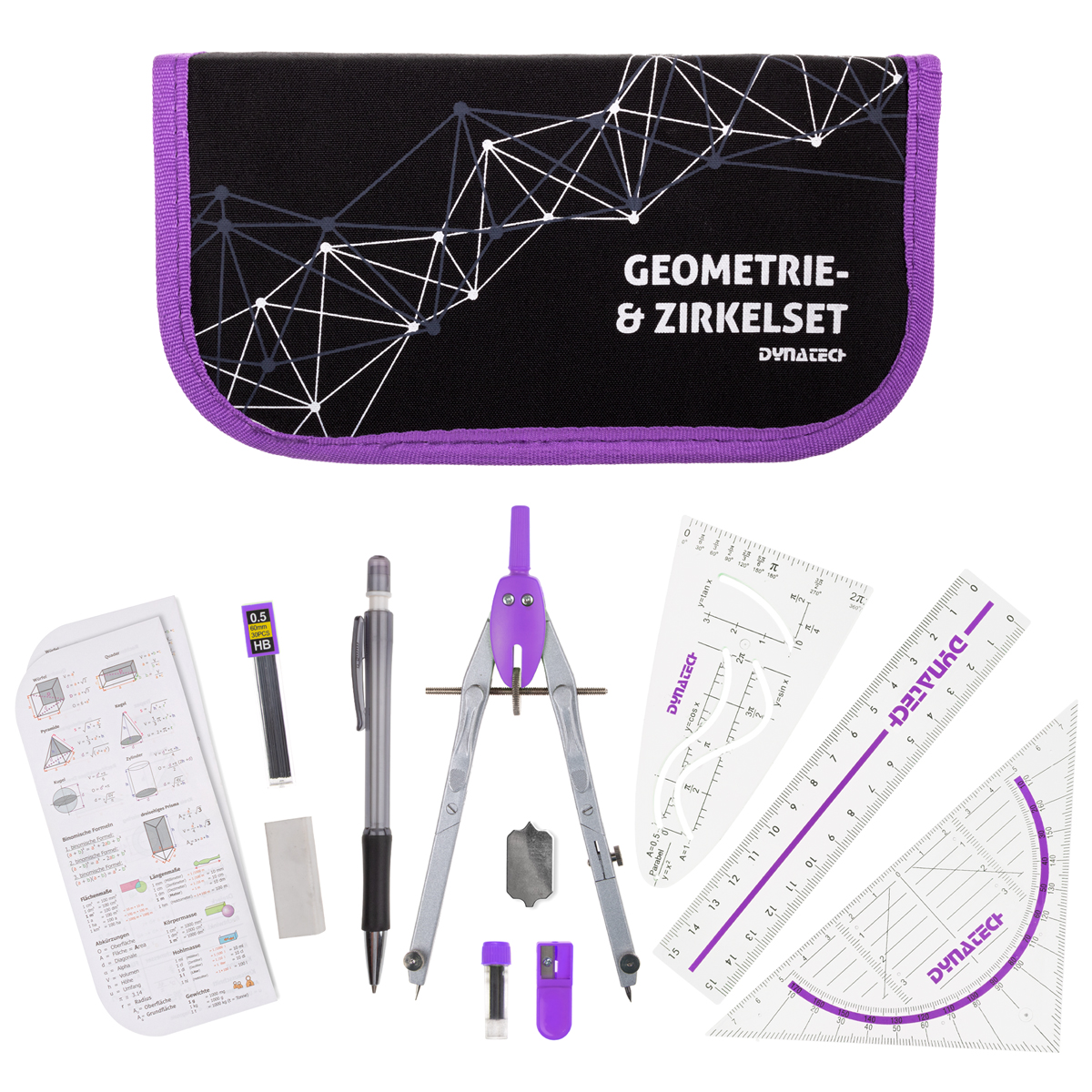 DynaTech Geometrie- und Zirkelset (13-teilig) Etui mit Reißverschluss in violett