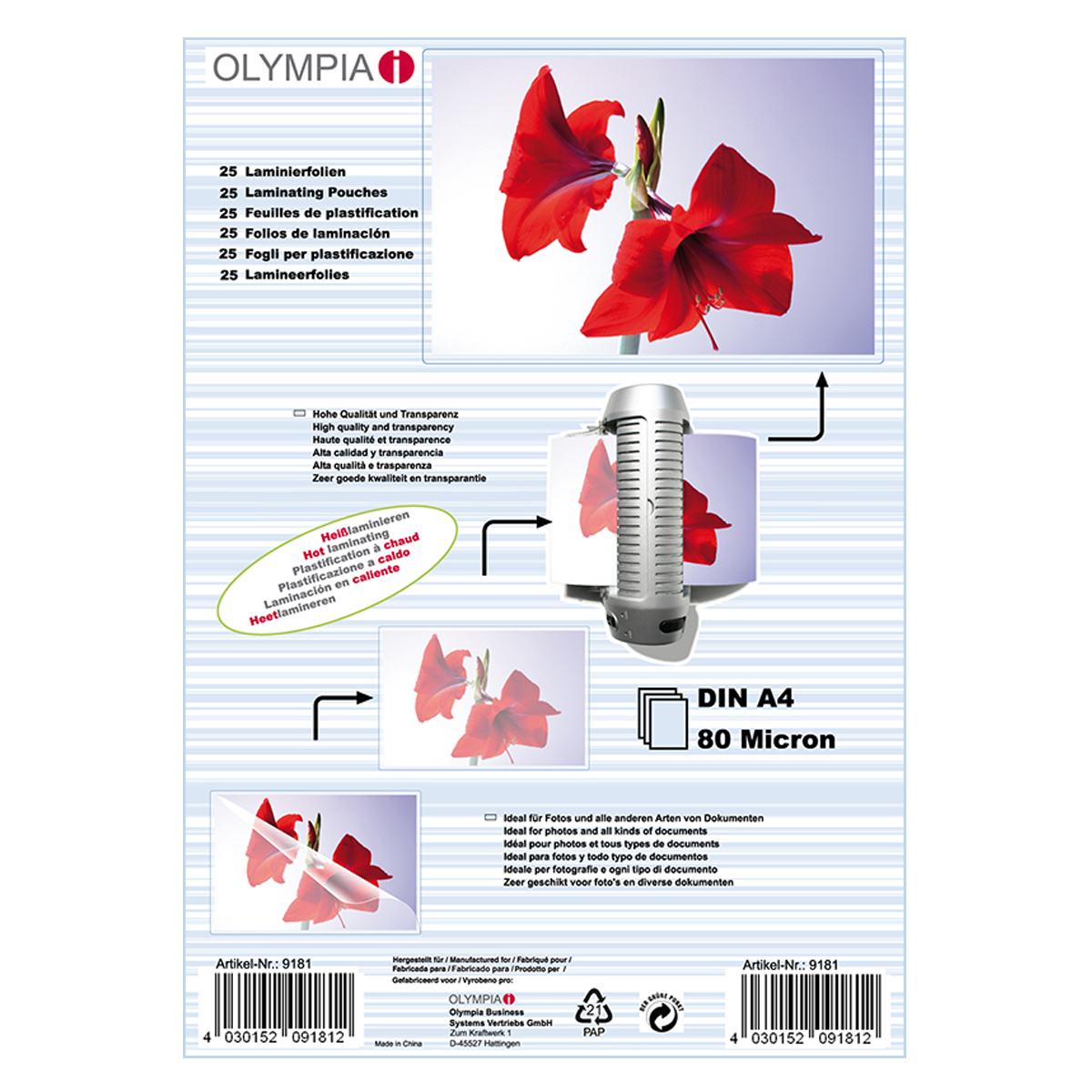 Olympia 9181 Laminierfolien DIN A4, 80µ, 25er Pack hochtransparent, hohe Qualität