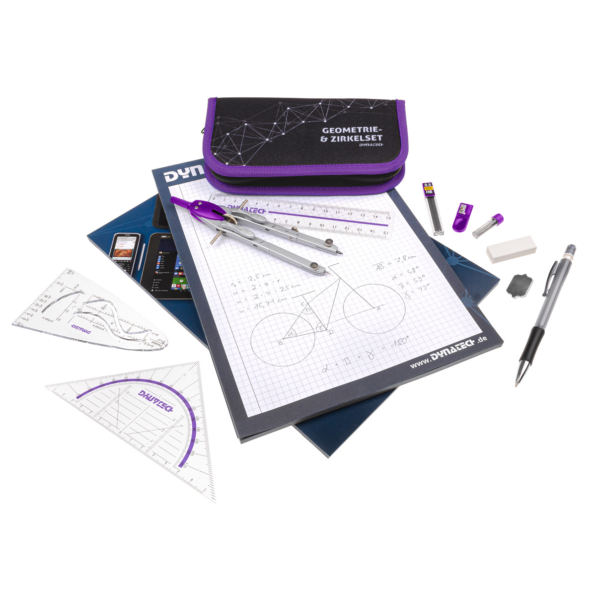 DynaTech Geometrie- und Zirkelset (13-teilig) Etui mit Reißverschluss in violett