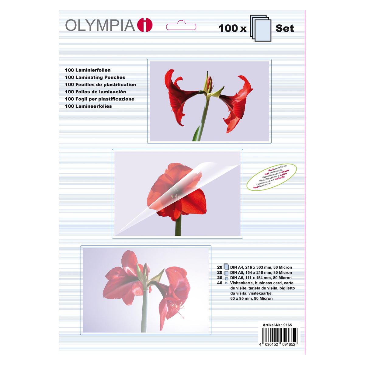 Olympia 9165 Set aus 100 Laminierfolien 80µ, Visitenkartengröße, A6, A5, A4