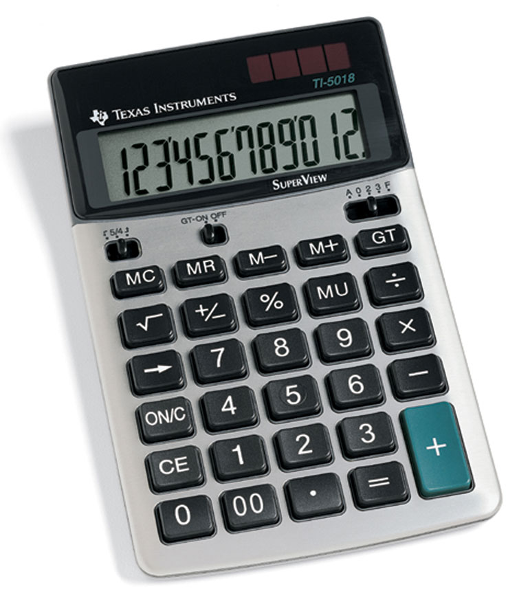 TI-5018 SV anzeigender Tischrechner Texas Instruments, 12-stelliges Display, Solar/Batterie 