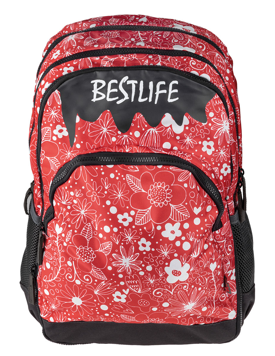 BestLife Schulrucksack für Laptop und Tablet bis 15,6 Zoll Smartphonefach Blumen rot / schwarz