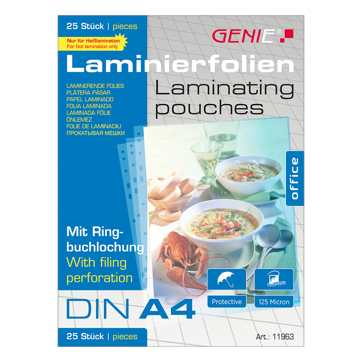 Genie 11963 Laminiertaschen A4 - Folien mit Ringbuchlochung 25 Stück Packung