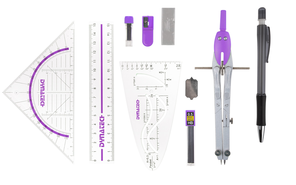 DynaTech Geometrie- und Zirkelset (13-teilig) Etui mit Reißverschluss in violett